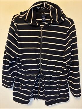 Basic Editions Navy and White 💯 % Cotton Striped Zip Up Hoodie
